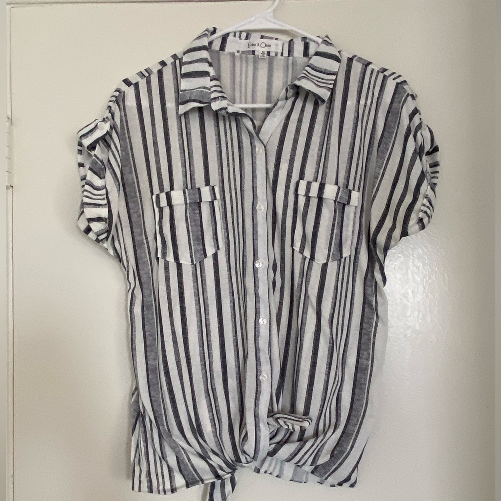 Button down sailers button down. Grey/blue and white strips.